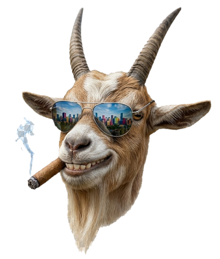 GOAT'eez mascot — a goat in aviator sunglasses with a cigar